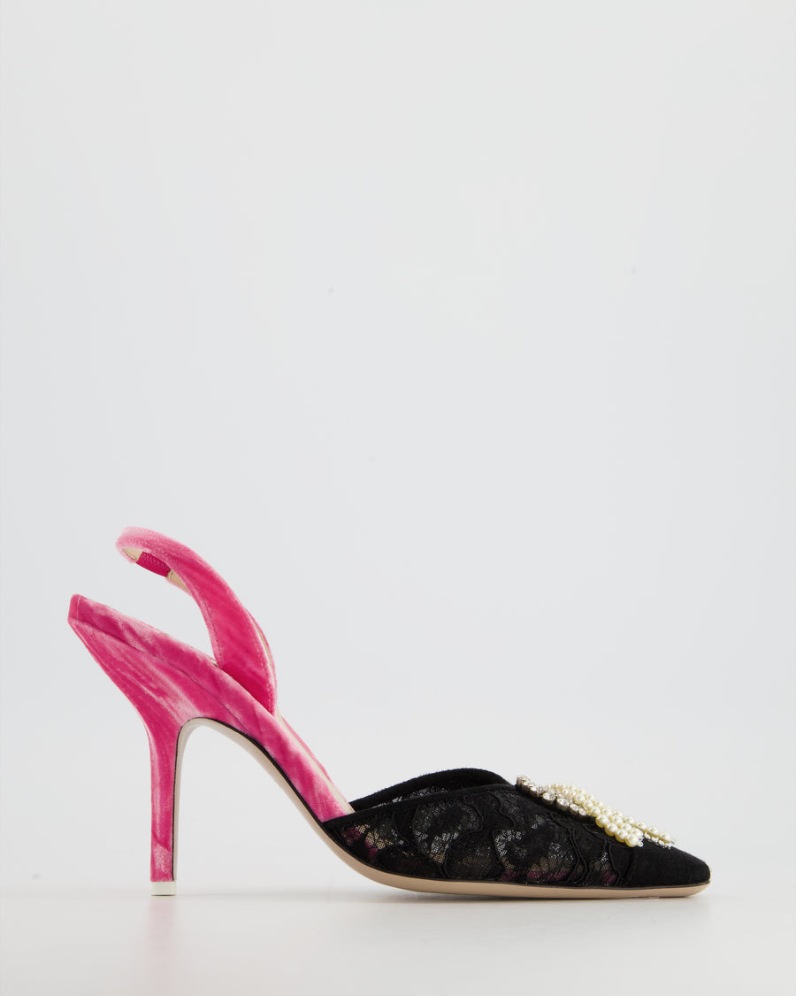 The Attico Black Lace Pink Velvet Sling Back Heel with Pearl Crystal Detail Size EU 39