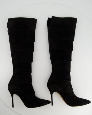 Manolo Blahnik Black Suede Tiered Knee High Boots Size EU 38