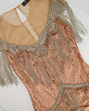 Elisabetta Franchi Rose Gold Sequin with Crystal Fringe Embellishment Dress Size IT 42 (UK 10)