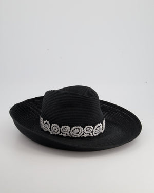Christian Dior Black Raffia Hat with White Embroidery