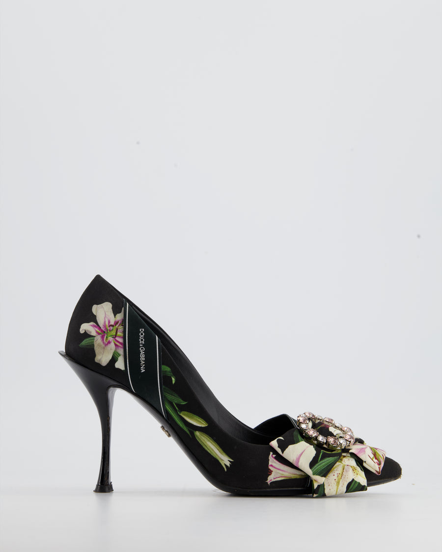 Dolce & Gabbana Black Floral Heels with Crystal Detailing Size EU 38.5