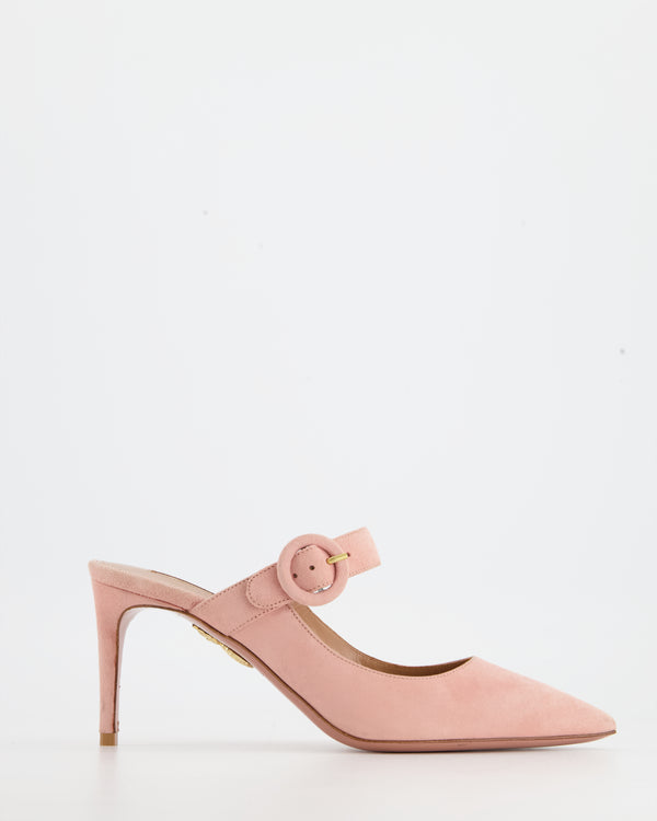 Aquazzura Light Pink Suede Mules with Buckle Strap Size EU 37