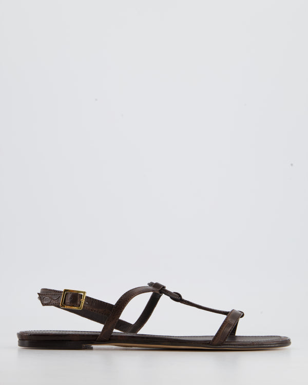 Loro Piana Chocolate Brown Croc Embossed Flat Sandal Size EU 41