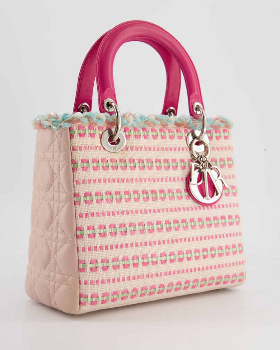 Christian Dior Medium Lady Dior Bag in Pink Woven Tweed with Silver Hardware