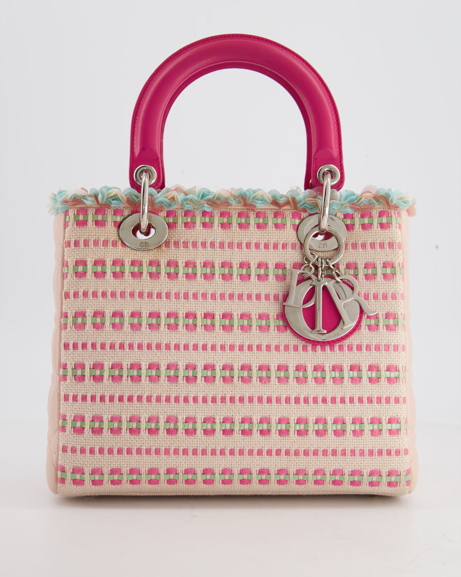 Christian Dior Medium Lady Dior Bag in Pink Woven Tweed with Silver Hardware