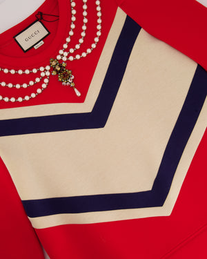Gucci Red, Navy and Cream Jumper with Embellished Pearl Collar Detail Size L (UK 12-14)