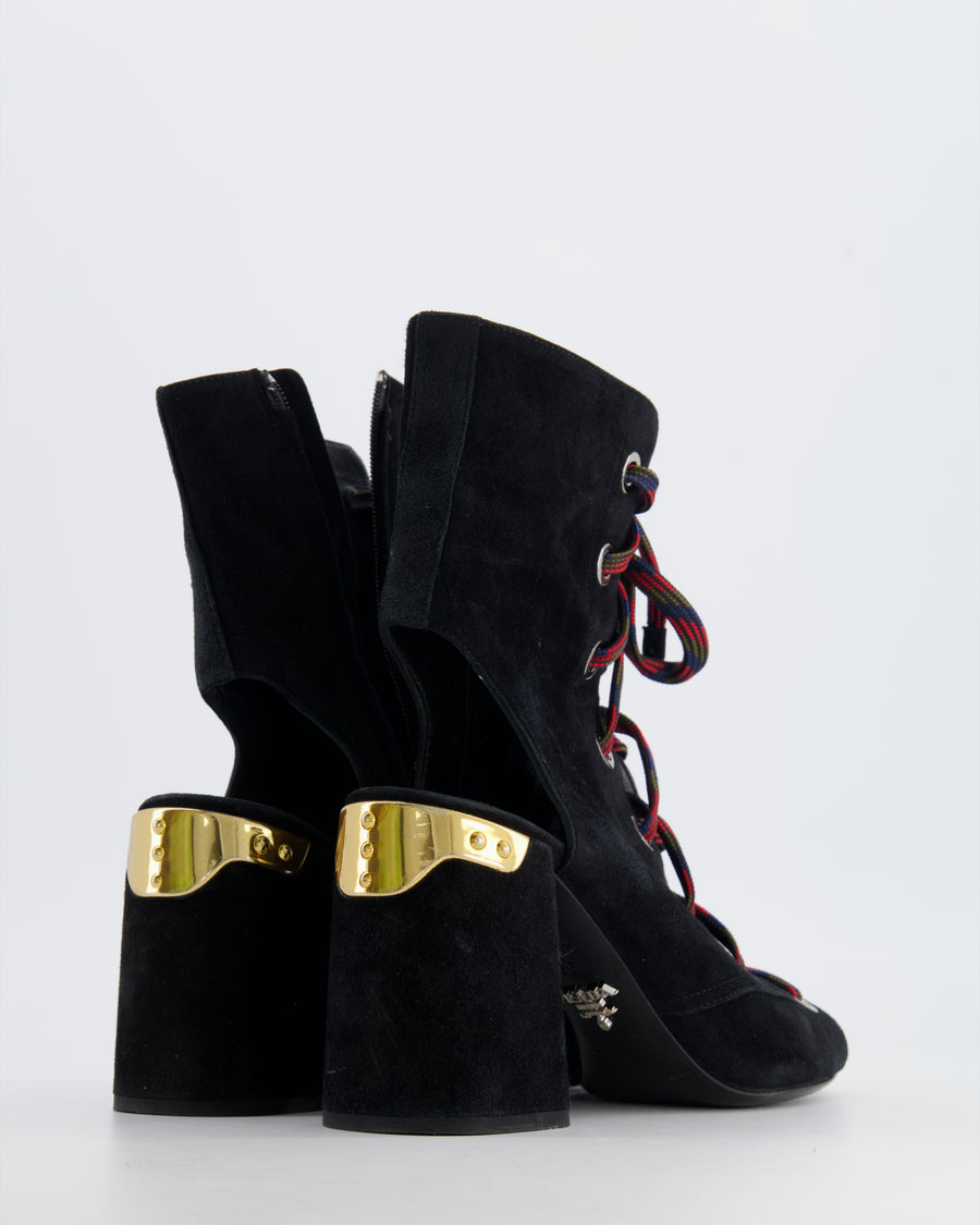 Prada Black Suede Lace-up Open-toe Heel Boots Size EU 36