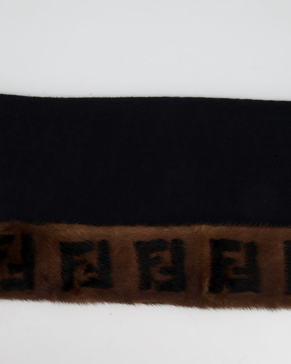 Fendi Black Monogram Cashmere Scarf with Monogram Mink Detail