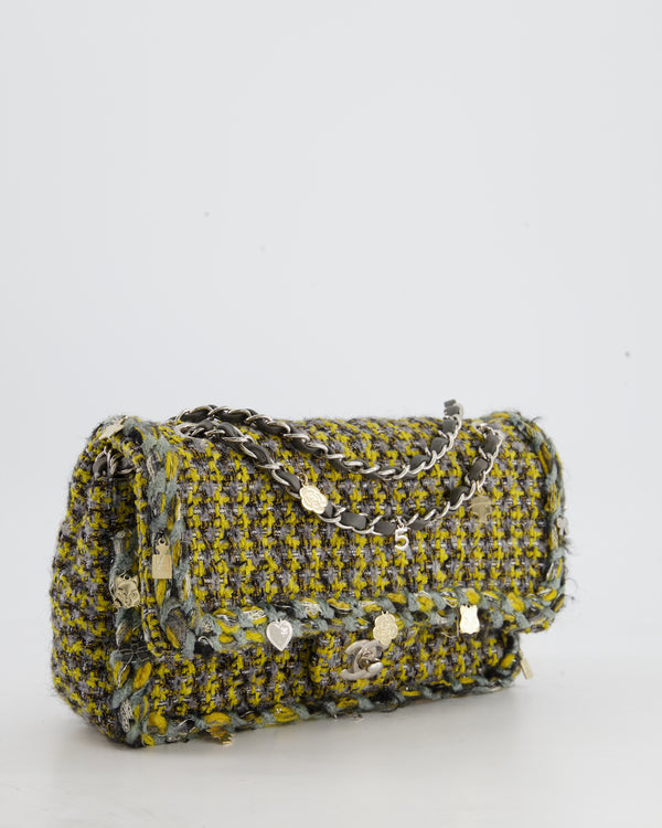 *HOT* Chanel Grey, Yellow and Black Tweed Medium Classic Double Flap Bag with Silver Hardware and Champagne Charms RRP - £8,530