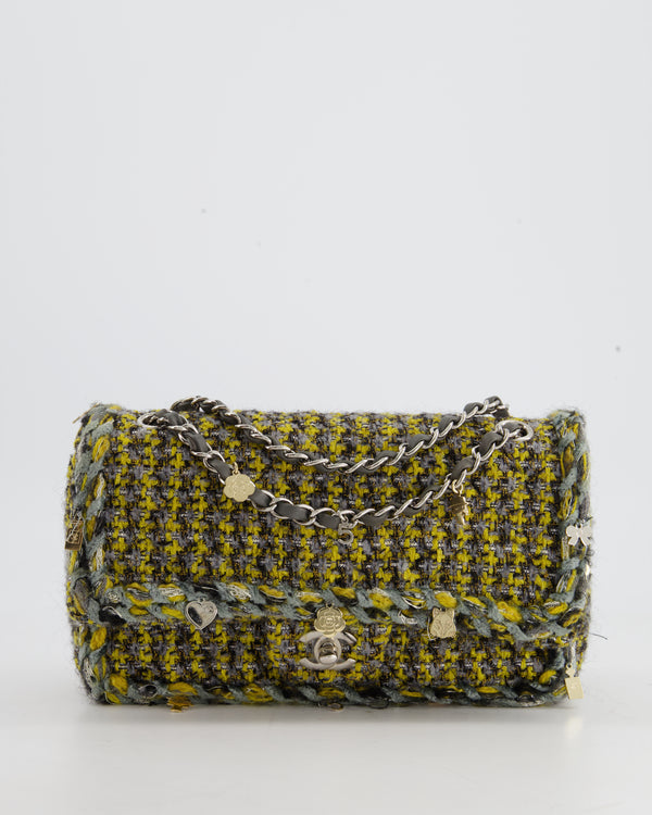 *HOT* Chanel Grey, Yellow and Black Tweed Medium Classic Double Flap Bag with Silver Hardware and Champagne Charms RRP - £8,530