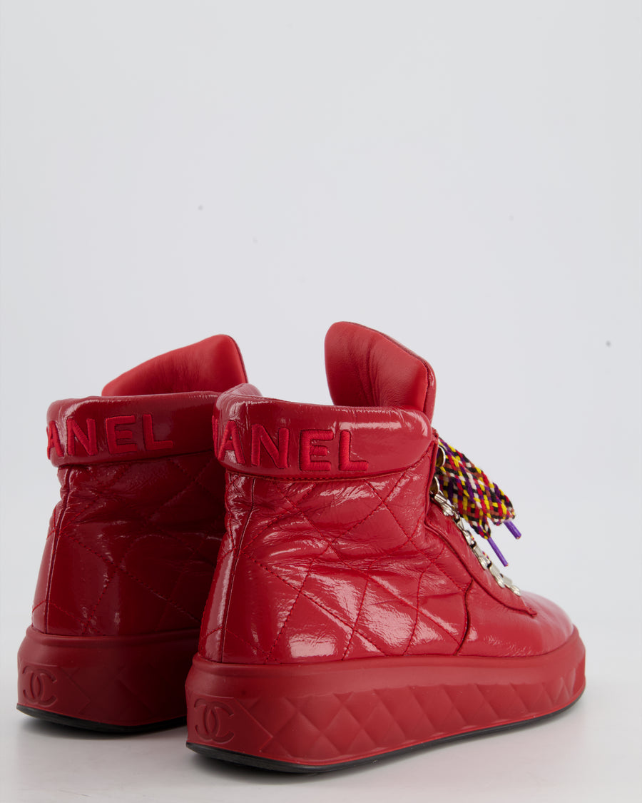 Chanel Red Patent Leather High Top Sneakers Shoes Size EU 38.5