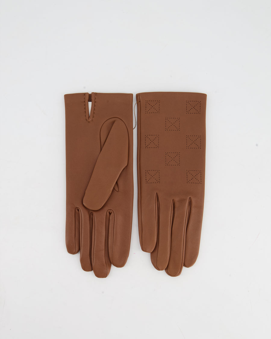 Hermès Brown Square Stitching Detailing Gloves Lambskin Leather Size 7 RRP £560