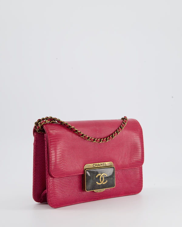 Chanel Raspberry Red Lizard Flap Bag with CC Logo and Antique Gold Hardware