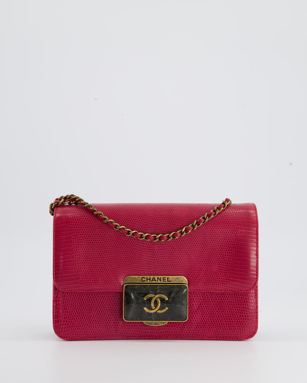Chanel Raspberry Red Lizard Flap Bag with CC Logo and Antique Gold Hardware
