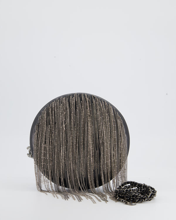Chanel Black Round Shoulder Bag with Silver Fringe Detail and CC Detail