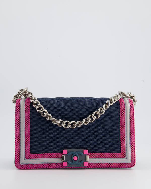 Chanel Navy Medium Boy Bag in Quilted Canvas with Neon Trim Detail and Silver Hardware