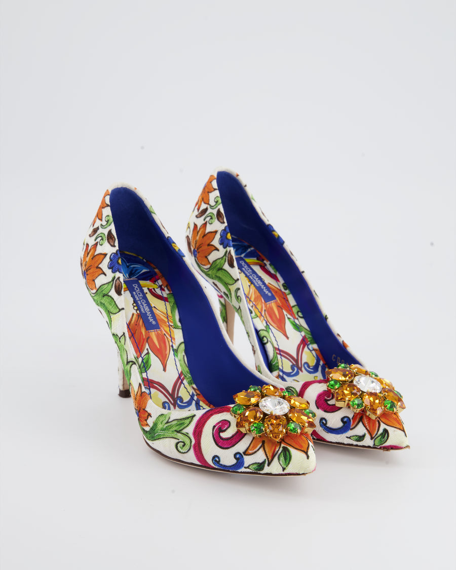 Dolce & Gabbana Multicolour Flower Print Heels with Crystal Detailing Size EU 36