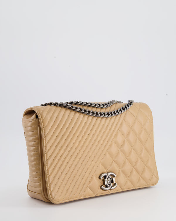 Chanel Beige Calfskin Chevron and Quilted Full Flap Bag with Ruthenium Hardware