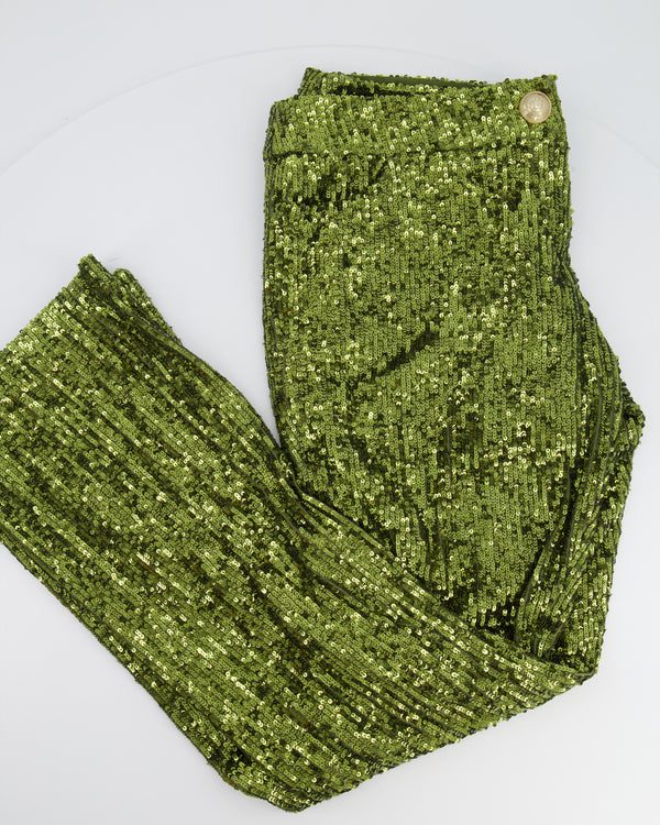 Balmain Green Sequin Embellished Flare Trousers Size FR 36 (UK 8)