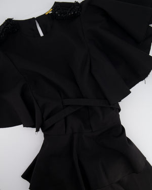 Johanna Ortiz Black Belted Ruffle Dress with Shoulder Embellishments Size US 4 (UK 8)