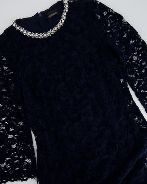 Ermanno Scervino Midi Navy Long Sleeve Lace Dress with Crystal Embellished Collar Detail Size IT 42 (UK 10)