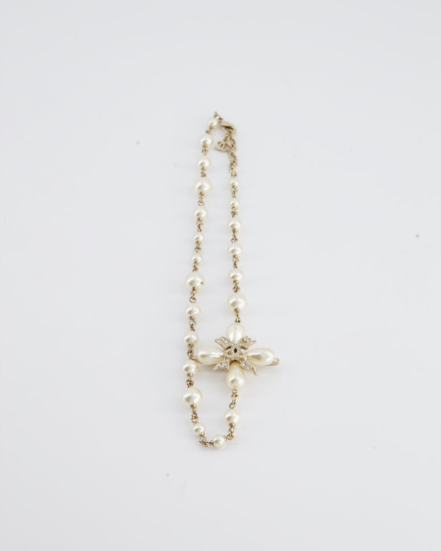HOT* Chanel Gold CC Necklace with White Pearl and Crystal Detailing –  Sellier
