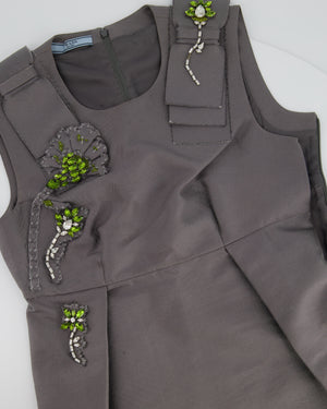 Prada Grey Wool Tailored Trouser and Peplum Blouse Set with Green Crystal Embellishment Size IT 38 (UK 6)