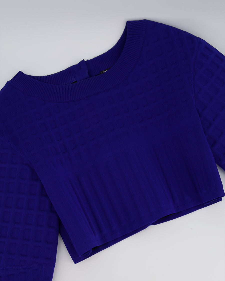 Chanel Royal Blue Cropped Embossed Jumper with Pearl Button Back Detail Size FR 38 (UK 10)