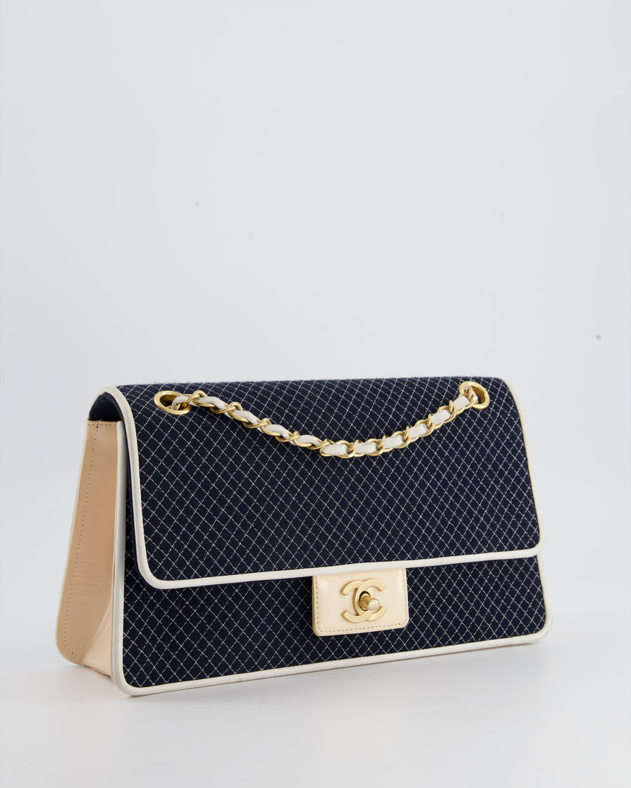 Chanel Vintage Navy & White Stitch Single Flap Bag with 24k Gold