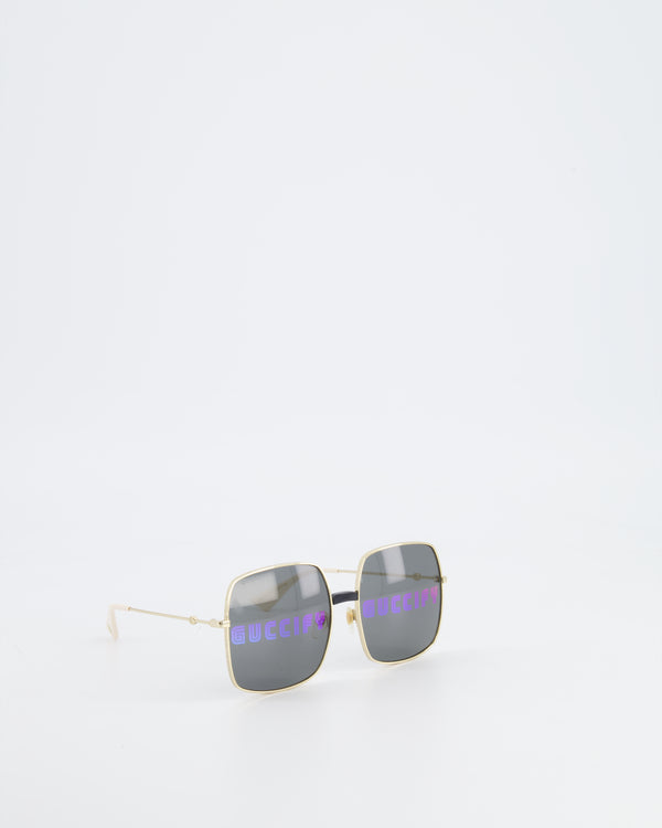 Gucci Rectangular Metal Frame Sunglasses with Guccify Print