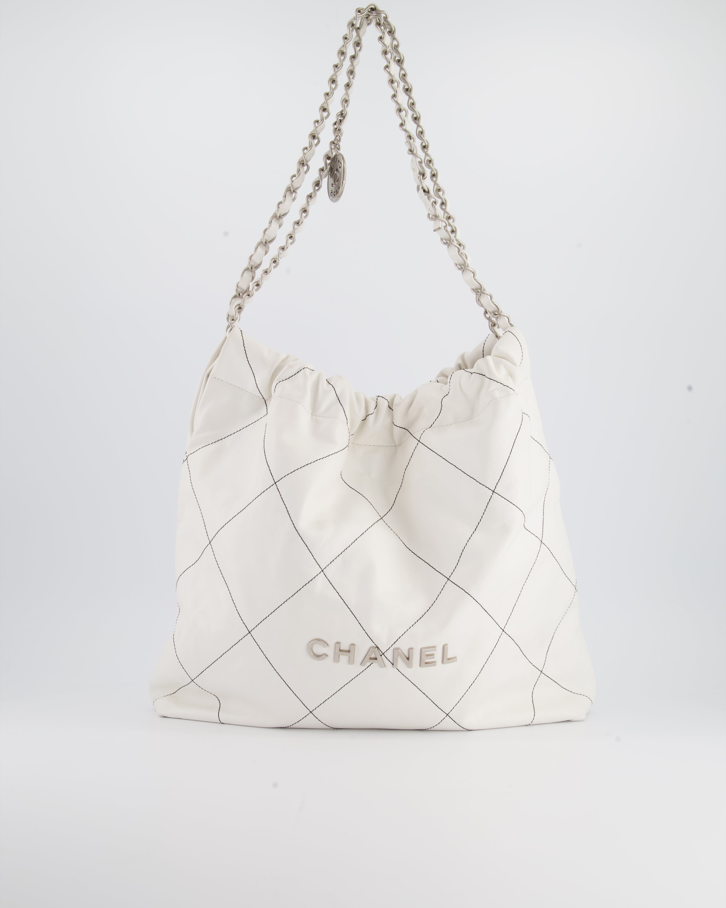 Chanel 22 Bag in White Aged Calfskin with Silver Hardware and