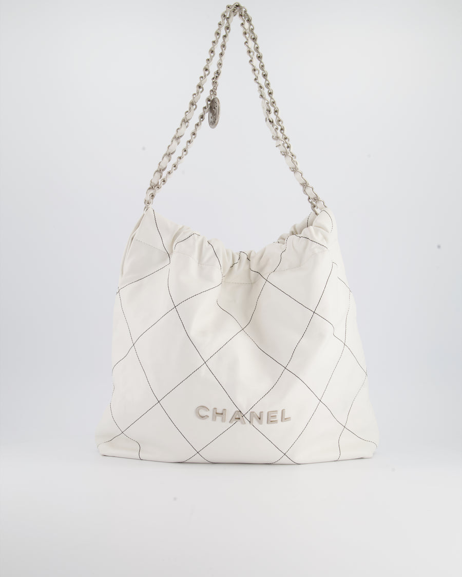 Chanel 22 Bag in White Aged Calfskin with Silver Hardware and Contrast –  Sellier