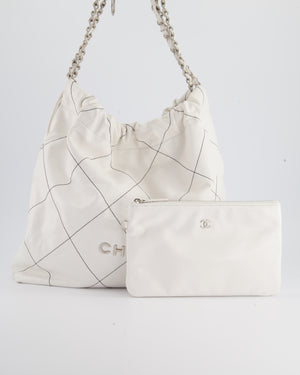 Chanel 22 Bag in White Aged Calfskin with Silver Hardware and Contrast Stitch Detail