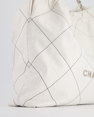 Chanel 22 Bag in White Aged Calfskin with Silver Hardware and Contrast Stitch Detail