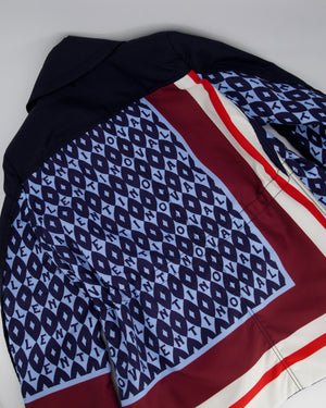 Valentino Navy, Blue and Red Nylon Jacket with Patterned Back and Gold Button Detail Size IT 40 (UK 8)