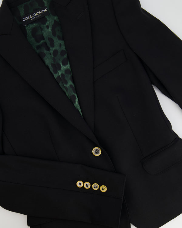 Dolce & Gabbana Black Wool Blazer with Green Leopard Lining Size IT 38 (UK 6)