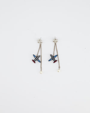 Chanel Silver and Blue Aeroplane & Pearl Drop Earrings with CC