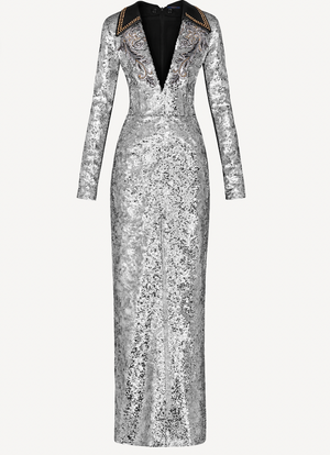 *HOT* Louis Vuitton Silver Sequin Long V-Neck Embroidered Dress Size FR 38 (UK 10) RRP £13,200