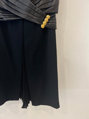 Versace Black Silk Pleated One-Shoulder Dress with Lambskin Leather and Gold Buttons IT 40 (UK 8)