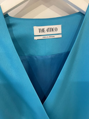 The Attico Jacqueline Satin Blue Wrap Dress with Shoulder Pads Size IT 40 (UK 8)