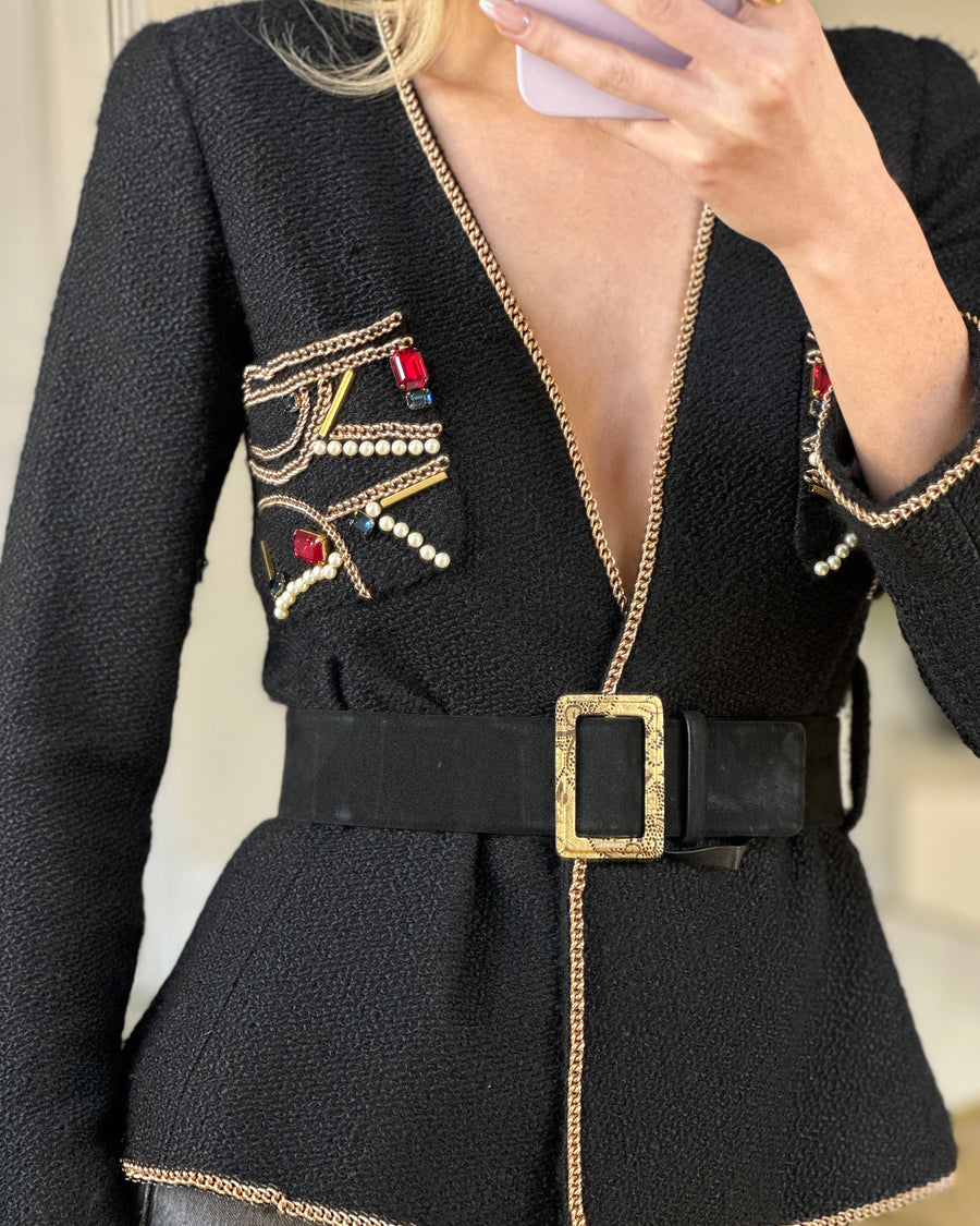 Chanel Black Tweed Embellished Jacket with Gold Chain and Pearl Detailing FR 34 (UK 6)