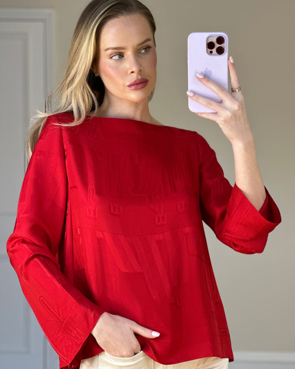 Hermès Red Silk Printed Three-Quarter Sleeve Top Size FR 36 (UK 8)
