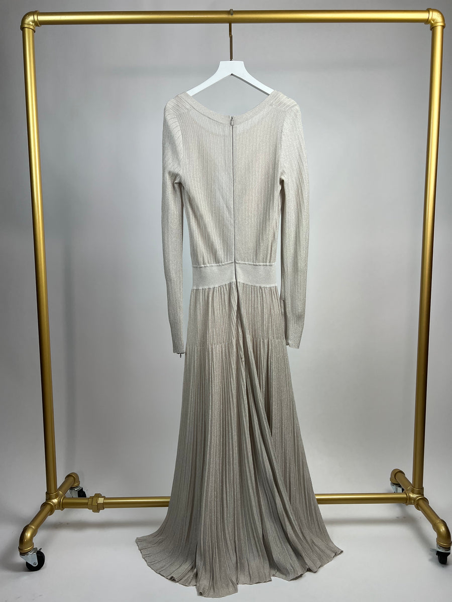 Barbara Casasola Silver metallic Fine Knit Pleated Maxi Dress IT 42 (UK 10) RRP £1141