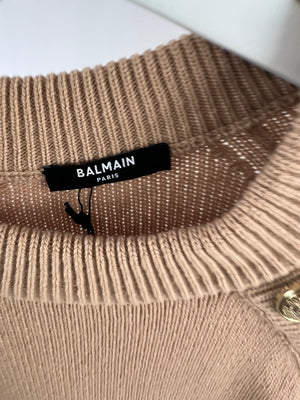 Balmain Camel Wool Long-Sleeve Jumper with Gold Button Detail FR 36 (UK 8)