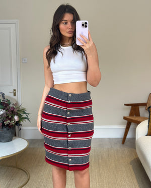 Chanel Grey and Red Striped Cashmere Skirt with Silver Buttons Size FR 42 (UK 14)