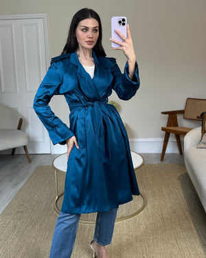 Celine Blue Silk Overcoat with Belt FR 38 (UK 10)