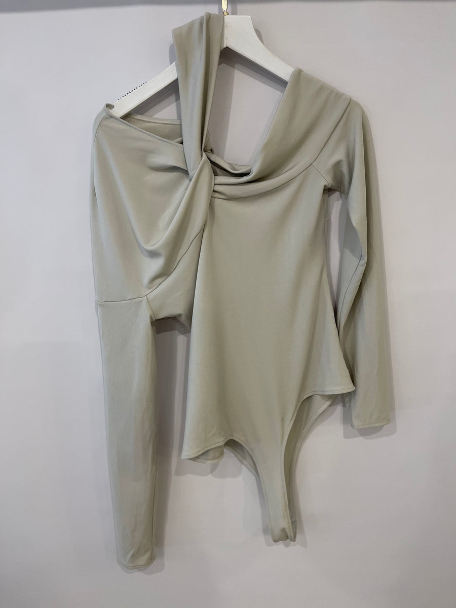 Safiyaa Light Grey Beton Twist-Detailed Jersey Bodysuit Size UK 8
