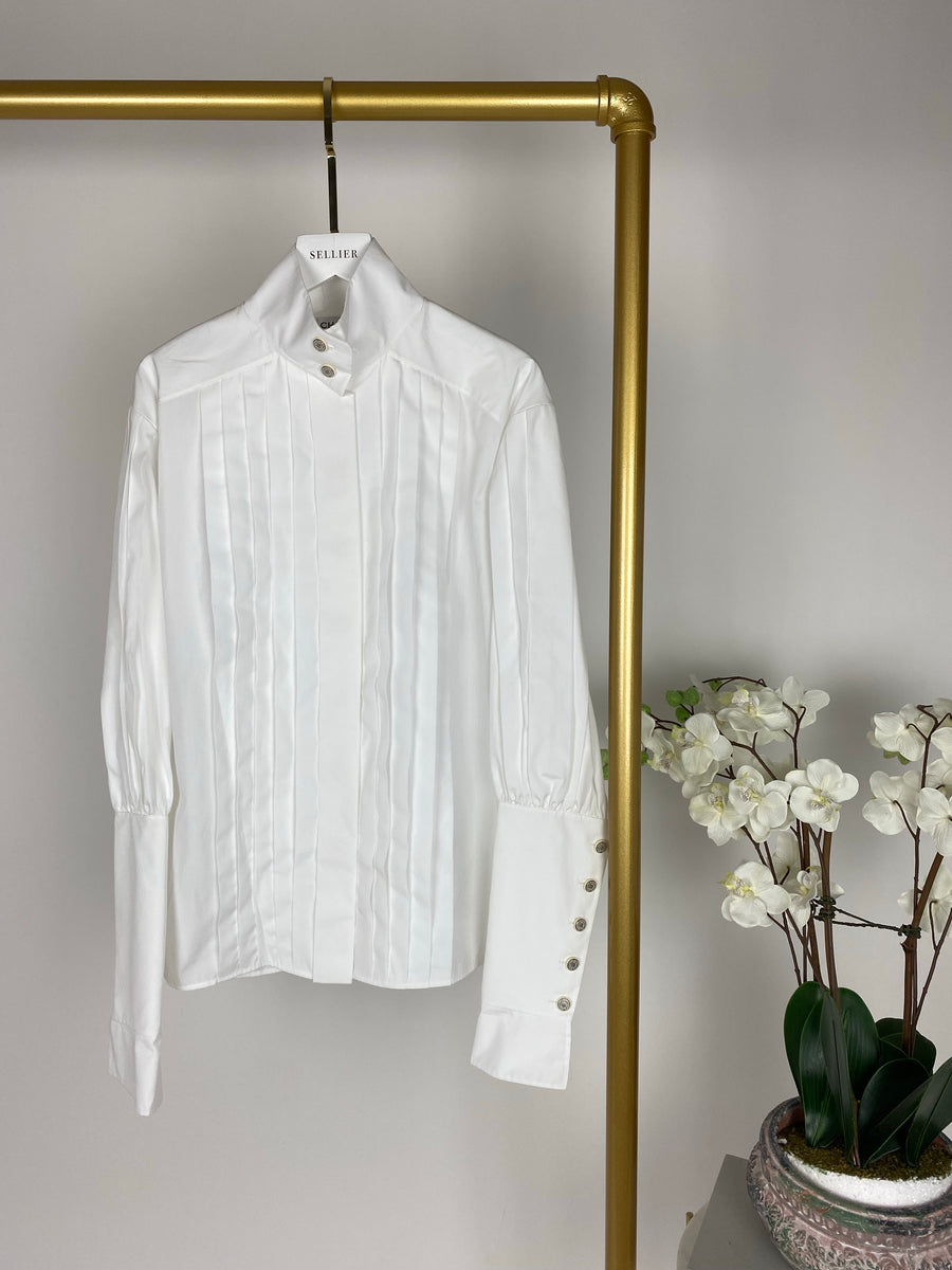 Chanel White Cotton High Neck Pleated Shirt Size FR34 (UK6) RRP £3,720
