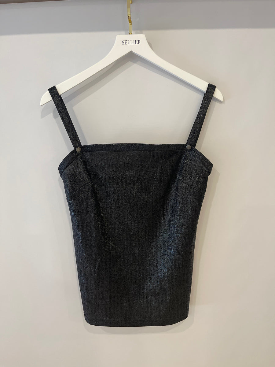 Chanel Black Stretch Sequin Top with CC Button Size 38 (UK 10)