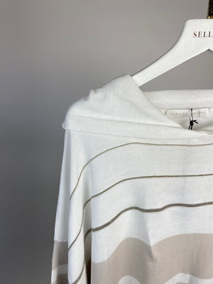 Fabiana Filippi Cream Striped Embellished Short Sleeve Hooded Sweatshirt Size S (UK 8)